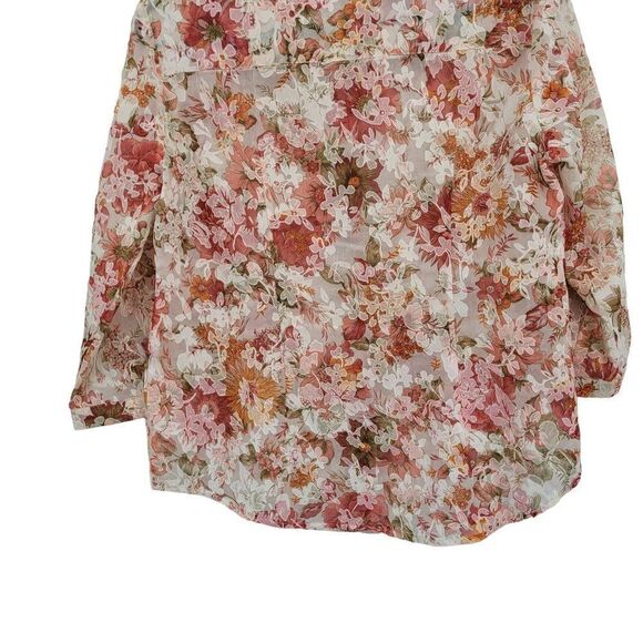 Womens Button Up Blouse S Pink Floral Sheer 3/4 Sleeve Collared Top Country - Picture 11 of 13